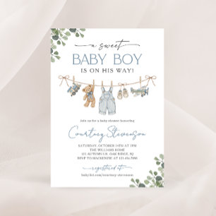 Invitation Vêtements de bébé garçon sur un fil à linge Baby S