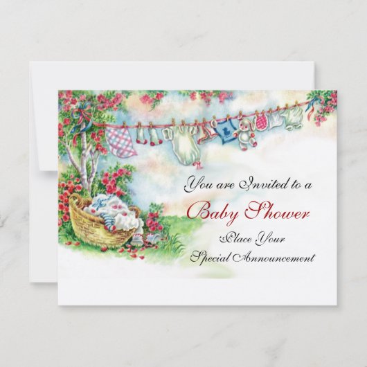 Invitation VÊTEMENTS DE BÉBÉ TENANT DANS LE Baby shower DE JA (Devant)