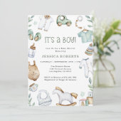 Invitation Vêtements verts et jouets Baby Boy Shower Invitati (Debout devant)