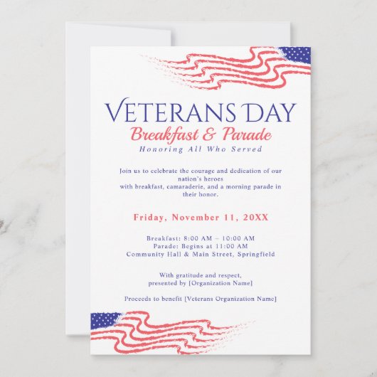 Invitation Veterans Day Breakfast Parade Patriotic (Devant)