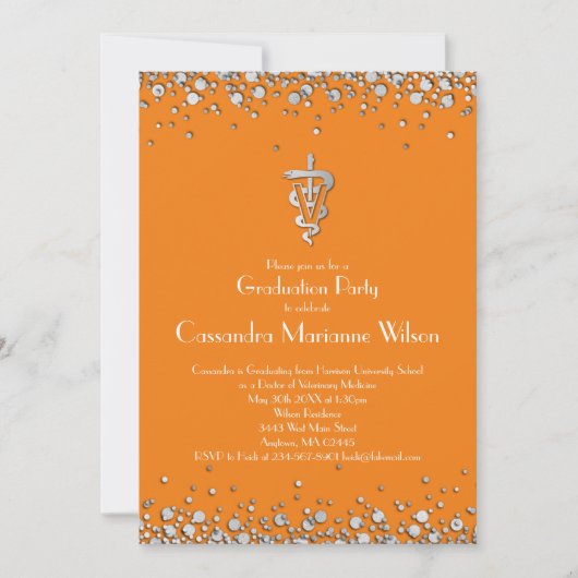 Invitation Veterinarian Graduation Orange Silver (Devant)