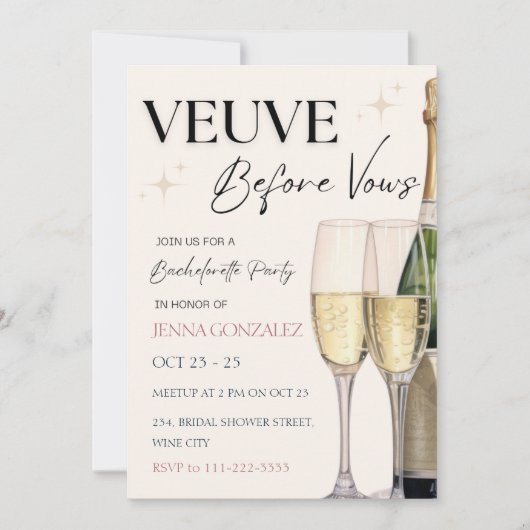 Invitation Veuve Avant Vows Bachelorette Party Week-end (Devant)