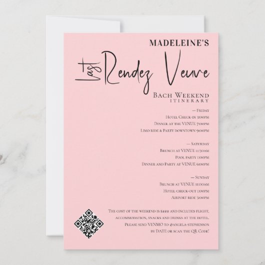 Invitation Veuve Avant Vows Bachelorette Week-end Itinéraire (Dos)