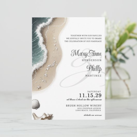 Invitation Vibe plage avec détails et code QR Mariage (Debout devant)