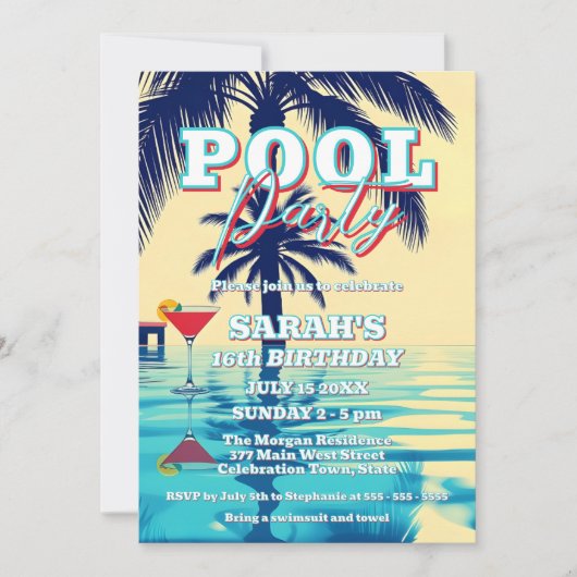 Invitation Vibes d'été Pool Party avec Palm Trees & Cocktail (Devant)