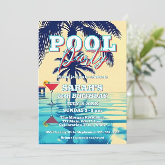 Invitation Vibes d'été Pool Party avec Palm Trees & Cocktail (Debout devant)