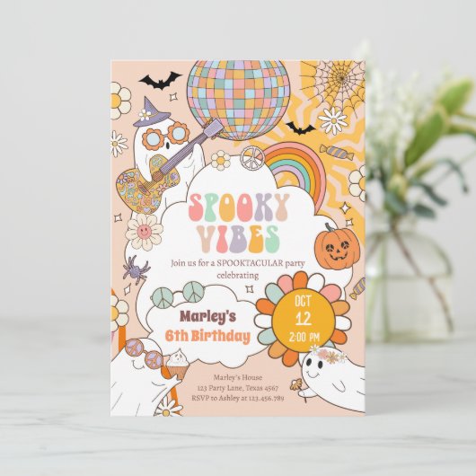 Invitation Vibes éffrayantes Retro Halloween Party Fille Anni (Debout devant)