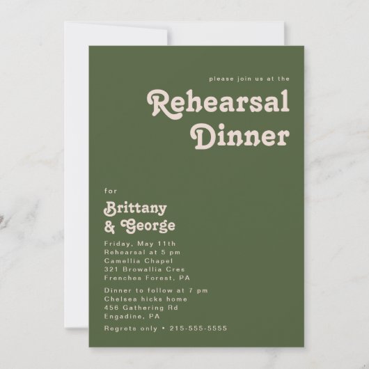 Invitation Vibes rétro simples | Dîner de répétition vert oli (Devant)