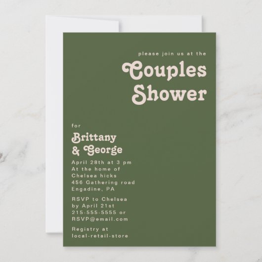 Invitation Vibes rétro simples | Douche Couples vert olive (Devant)