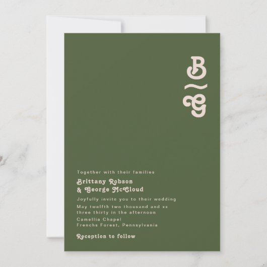 Invitation Vibes rétro simples | Mariage de monogramme vert o (Devant)
