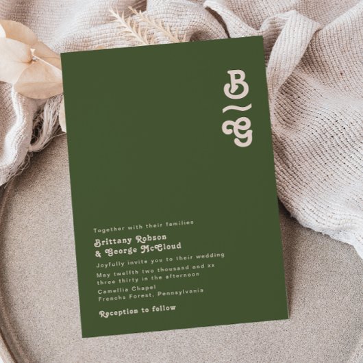 Invitation Vibes rétro simples | Mariage de monogramme vert o