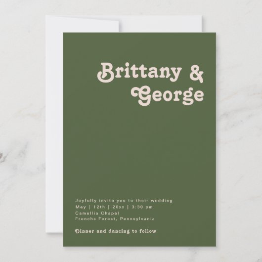 Invitation Vibes rétro simples | Mariage Décontracté vert oli (Devant)