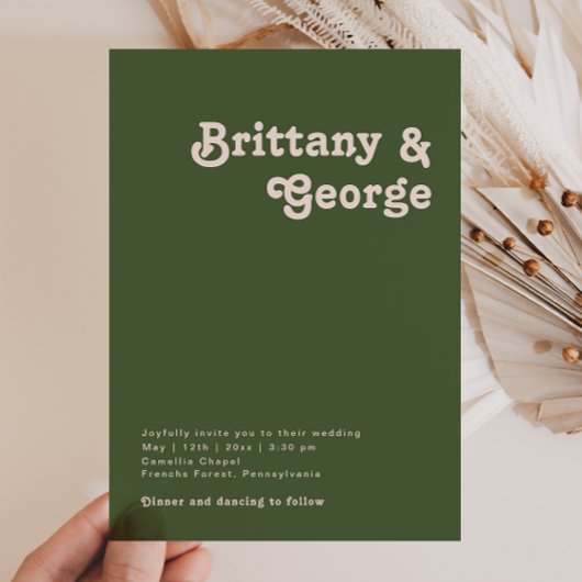 Invitation Vibes rétro simples | Mariage Décontracté vert oli