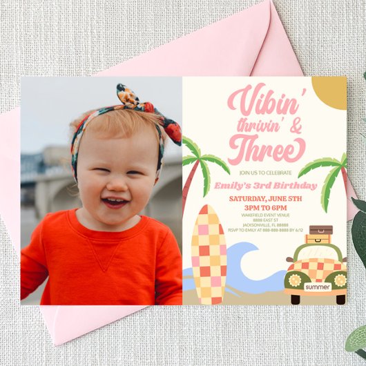 Invitation Vibin' & Trois photos de Surf 3e fête d'anniversai