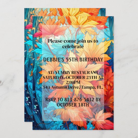 Invitation Vibrant Abstrait Automne Feuilles Design Anniversa (Devant / Derrière)