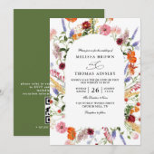 Invitation Vibrant Bold Watercolor Wildflower QR Code Wedding (Devant / Derrière)