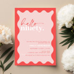 Invitation Vibrant Bonjour Ninety 90th Birthday Party<br><div class="desc">Cette vibrante invitation à la fête du 90e anniversaire est parfaite pour une fête d'anniversaire moderne. Le design simple présente un texte de script de bonjour contemporain en couleur blanche sur un arrière - plan de pêche dynamique avec bordure ondulée. Personnalisable dans n'importe quelle couleur. Gardez le design minimal et...</div>