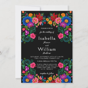 Invitation Vibrant Broderie Mexicaine Fleurs Sombres Mariage