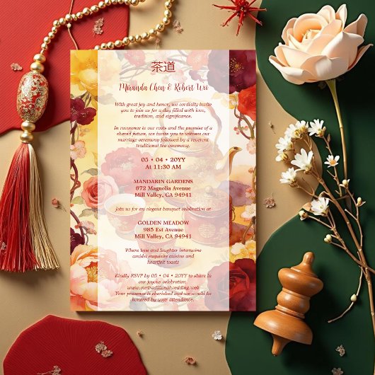 Invitation Vibrant Floral Chinese Tea Ceremony Wedding