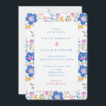 Invitation Vibrant Floral Folk Art Wedding<br><div class="desc">Make a bold first impression with this stunning wedding invitation, featuring a lush border of hand-painted folk art florals in rich cobalt blue, hot pink, golden yellow, and soft grey. Perfect for couples who want something a little different — colourful, characterful, and full of personality. The crisp white background lets...</div>