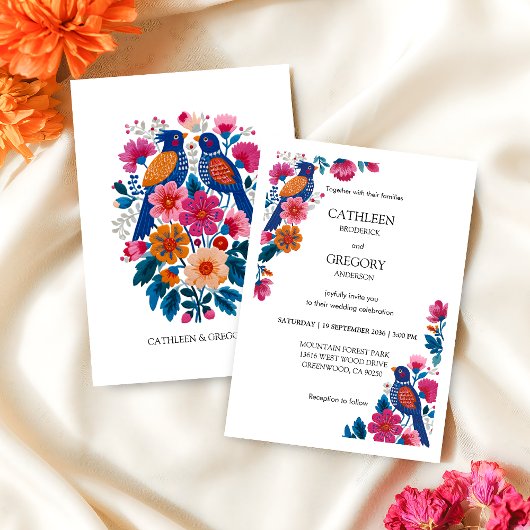 Invitation Vibrant Folk Art Floral Birds Wedding