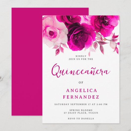 Invitation Vibrant Fuchsia Rose rose Quinceanera Party (Devant / Derrière)
