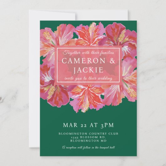 Invitation Vibrant Hibiscus Green Tropical Wedding  (Devant)