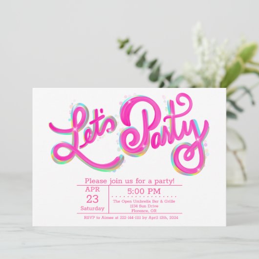 Invitation Vibrant Horizontale Rose Iridescent Fêtons (Debout devant)