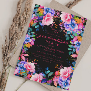 Invitation Vibrant Jardin Floral Graduation Party Black