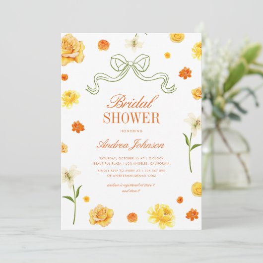 Invitation Vibrant Jaune Orange Fleurs Ruban Mariage (Debout devant)