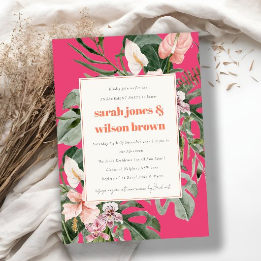 Invitation Vibrant Magenta Blush Tropical Floral Fiançailles