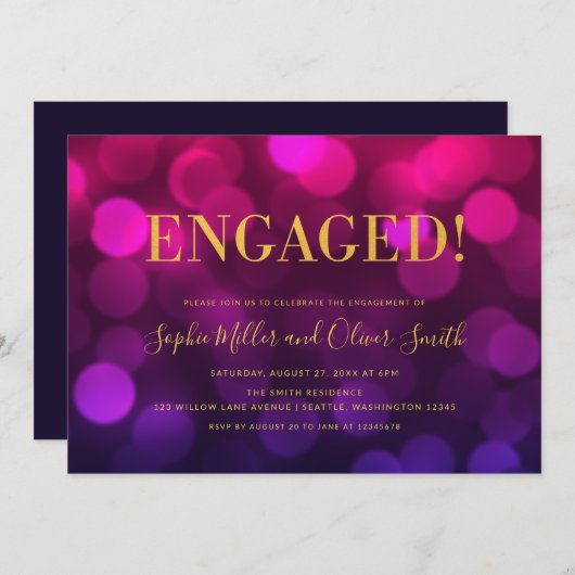 Invitation Vibrant Magenta Bokeh Faux Gold Engagement Party (Devant / Derrière)