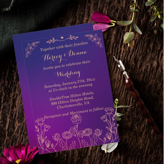 Invitation Vibrant Magenta Purple avec Mariage fleuri