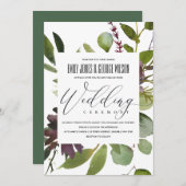 INVITATION VIBRANT MAROON GREEN BLOOM FOLIAGE MARIAGE BUNCH (Devant / Derrière)