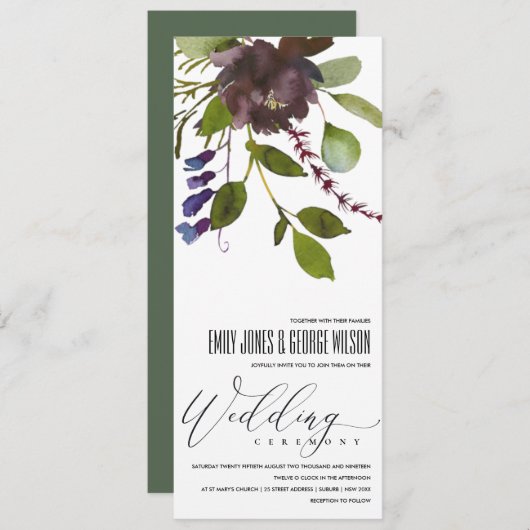 INVITATION VIBRANT MAROON GREEN BLOOM FOLIAGE MARIAGE BUNCH (Devant / Derrière)