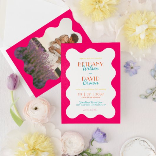 Invitation Vibrant moderne Magenta Turquoise Vague Mariage ph