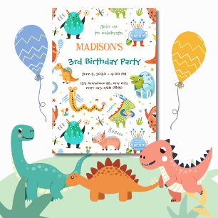 Invitation Vibrant Monster & Dinosaur 3e fête d'anniversaire