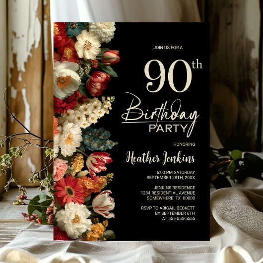 Invitation Vibrant Moody Floral Black 90th Birthday Party