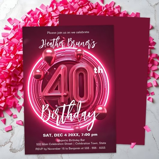 Invitation Vibrant Neon rose 40e anniversaire avec ballons