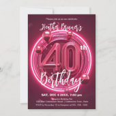 Invitation Vibrant Neon rose 40e anniversaire avec ballons (Devant)