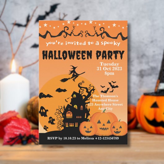 Invitation Vibrant Orange Black Haunted Maison Halloween