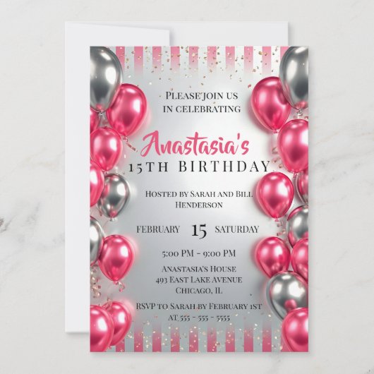 Invitation Vibrant Pink Silver Balloons Glitter 15th Birthday (Devant)