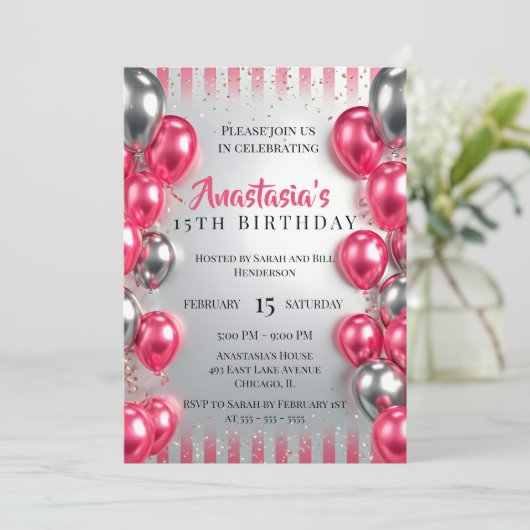 Invitation Vibrant Pink Silver Balloons Glitter 15th Birthday (Debout devant)