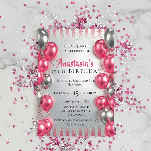 Invitation Vibrant Pink Silver Balloons Glitter 15th Birthday