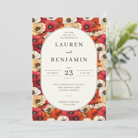 Invitation Vibrant Red and Orange Floral Pattern (Debout devant)