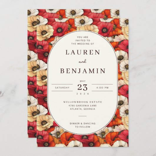 Invitation Vibrant Red and Orange Floral Pattern (Devant / Derrière)