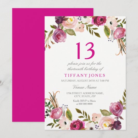 Invitation Vibrant rose botanique floral 13e anniversaire Inv (Devant / Derrière)