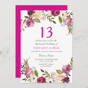 Invitation Vibrant rose botanique floral 13e anniversaire Inv