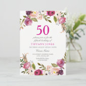 Invitation Vibrant rose botanique floral 50e anniversaire Inv (Debout devant)