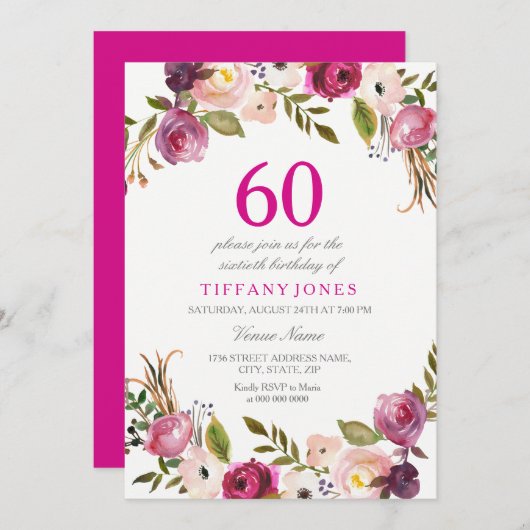 Invitation Vibrant rose botanique floral 60e anniversaire Inv (Devant / Derrière)